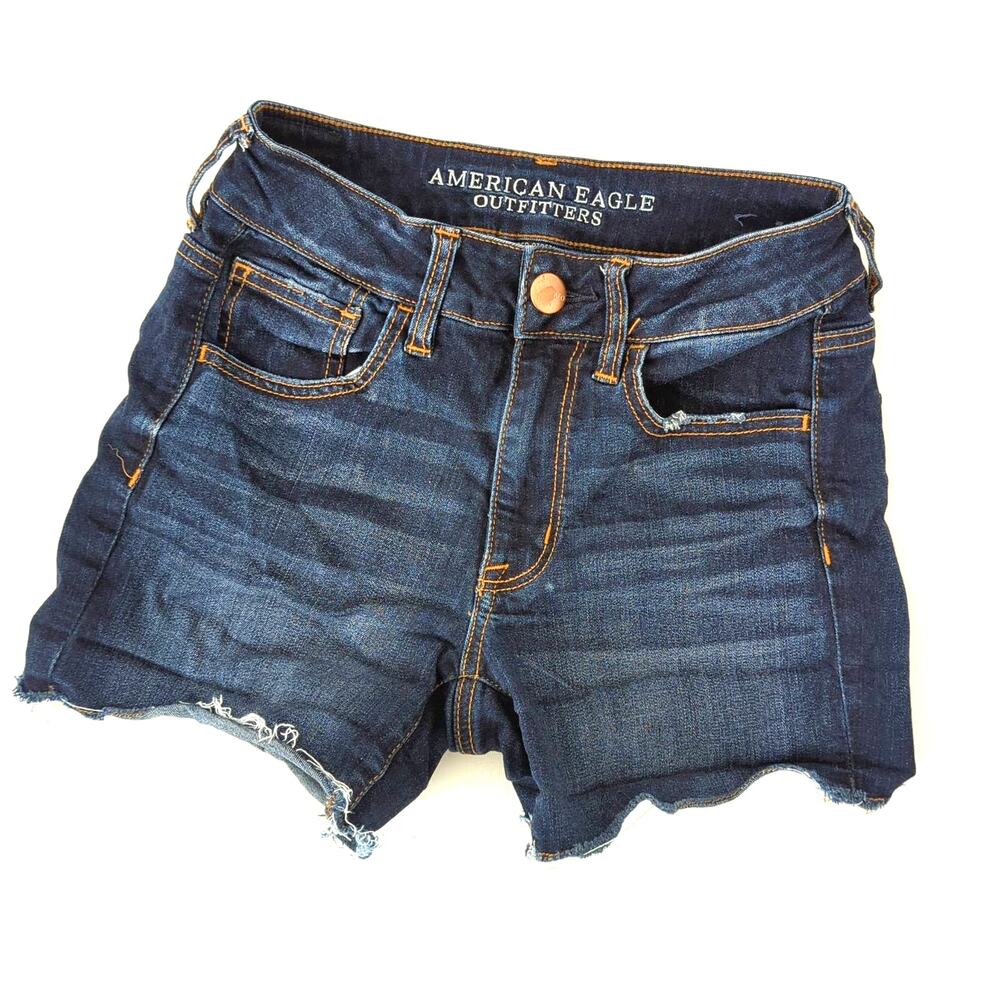 American Eagle Shorts‎ 2 Blue Denim Hi Ride Shortie Cut Off Stretch Distressed